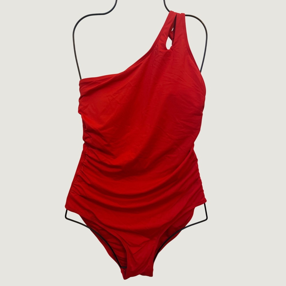 Holipick One Shoulder Ruched One Piece Swimsuit Red